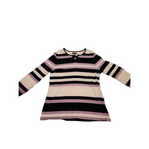 Chaps Striped Tunic Top V-Neck Long Sleeve Casual‎ Black Purple White L